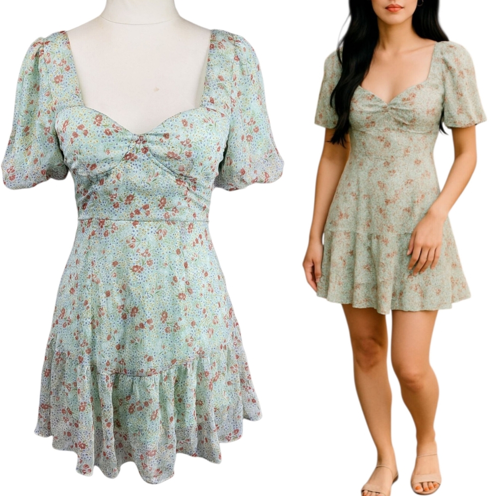 The Vintage Shop Green Floral Print Mini Dress Puff Sleeve Sweetheart Neck Sz  S